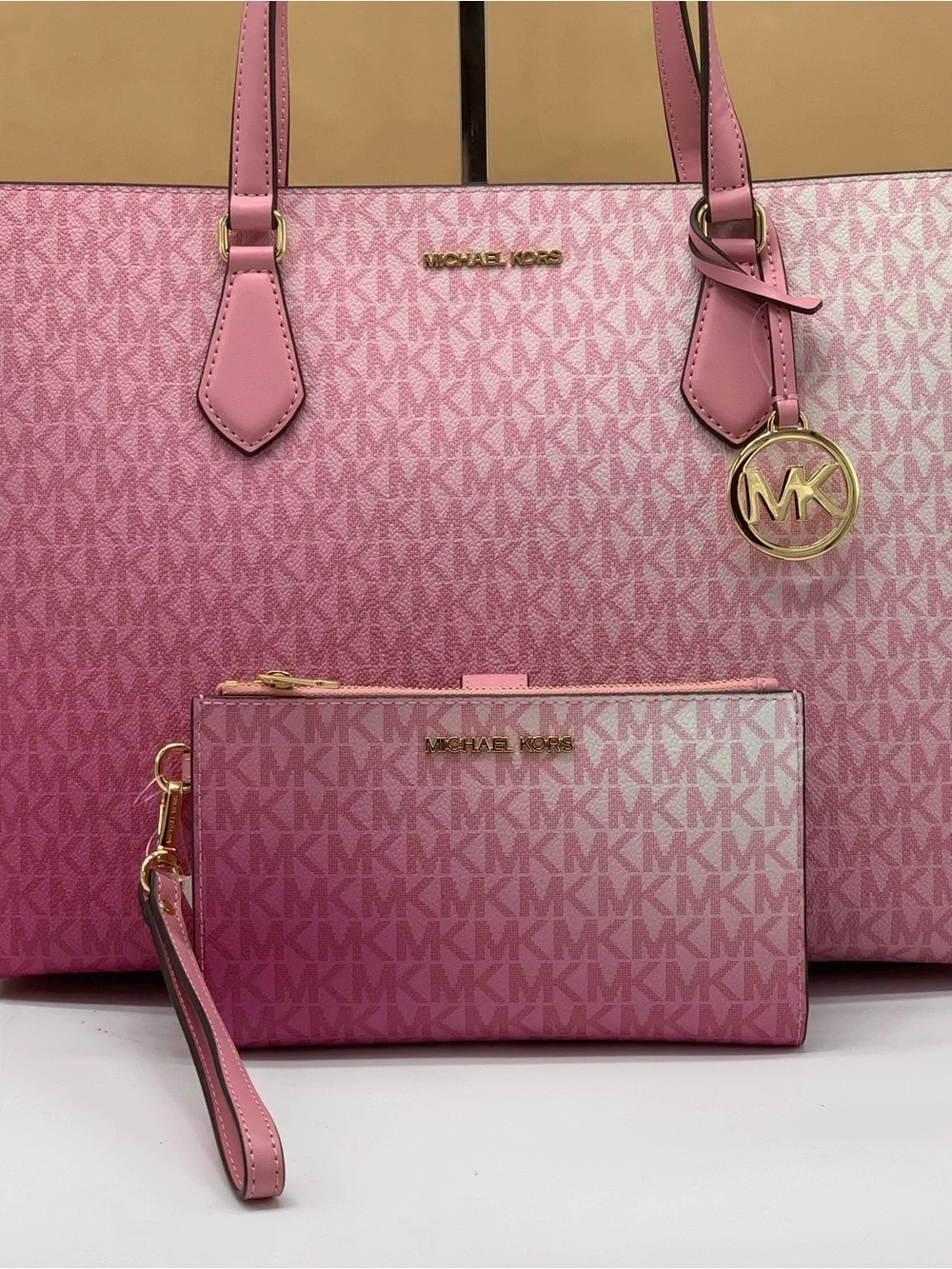 Michael Kors Sheila Carnation  Ombre Signature Logo Tote with Wristlet